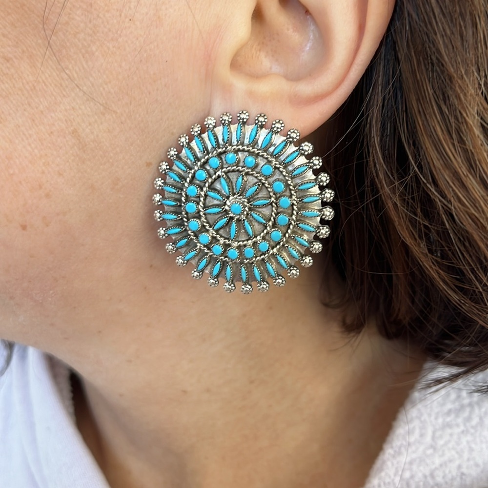 Navajo Handmade Turquoise Cluster Earrings Stamped
